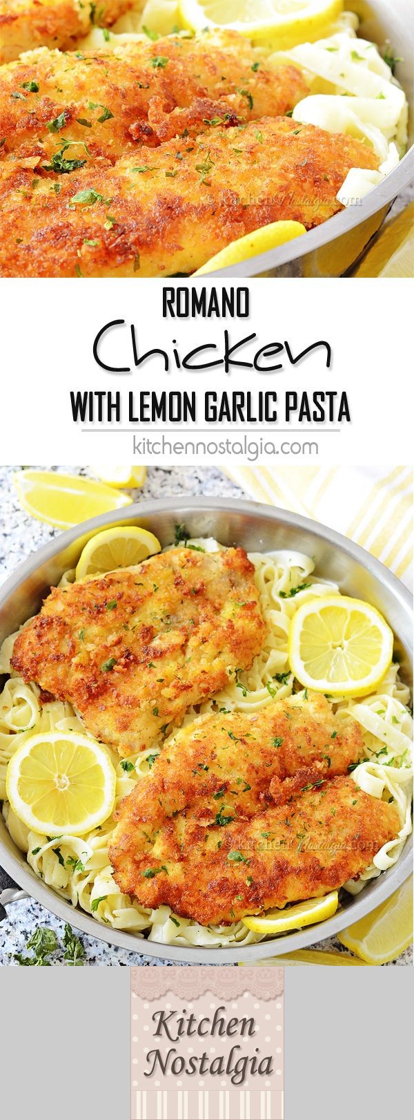 Romano Chicken with Lemon Garlic Pasta