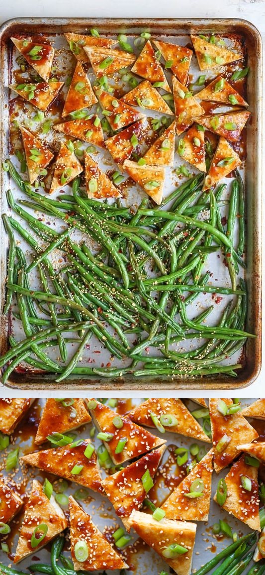 Sheet Pan Honey-Sesame Tofu and Green Beans