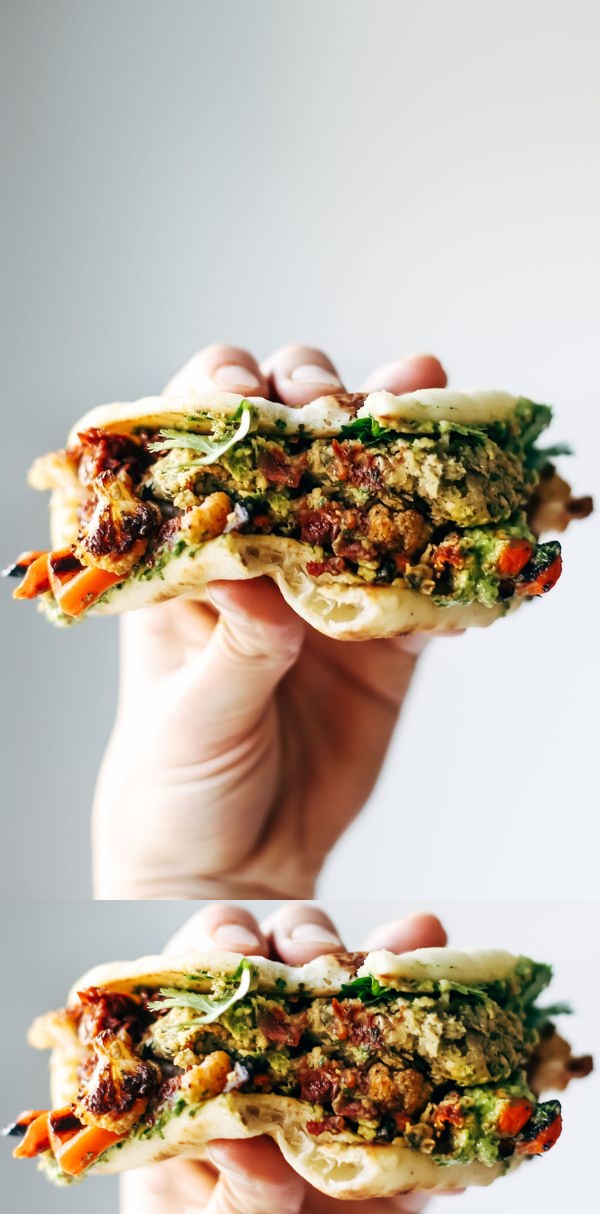 Spicy Falafel and Roasted Veggie Naan-wich