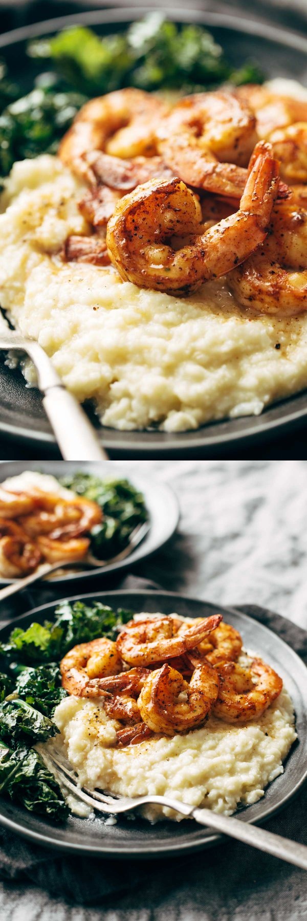 Spicy Shrimp with Cauliflower Mash and Garlic Kale