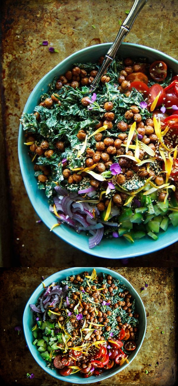 Tahini Kale salad with Crispy Chickpeas