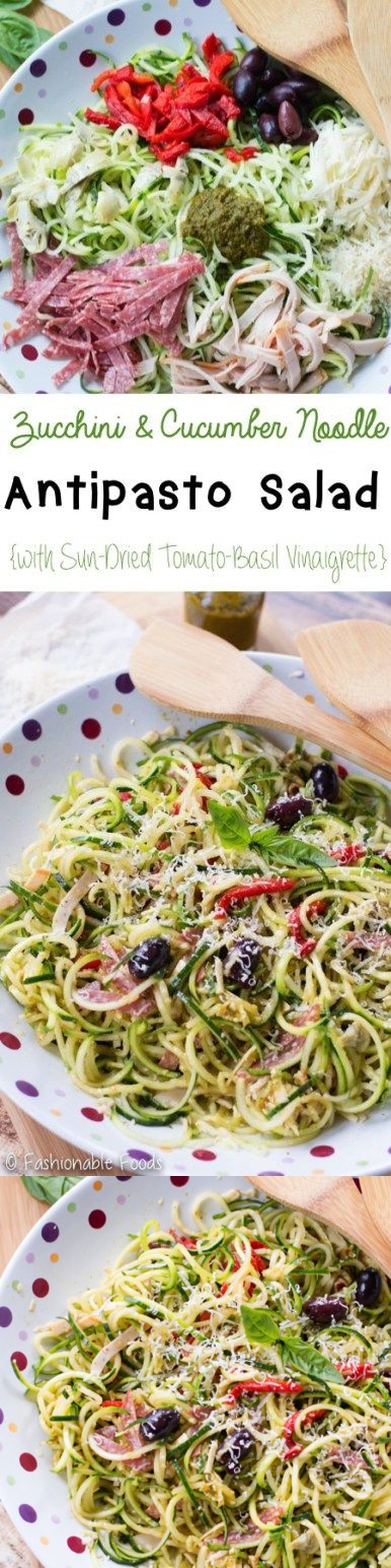 Zucchini Noodle Antipasto Salad (with Sun-Dried Tomato-Basil Vinaigrette