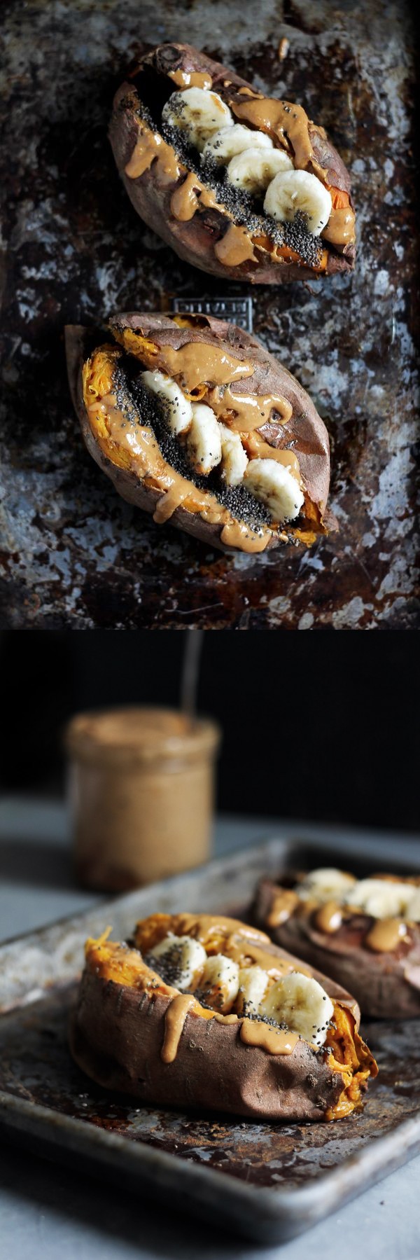 Breakfast Baked Sweet Potatoes with Almond Butter, Banana & Chia