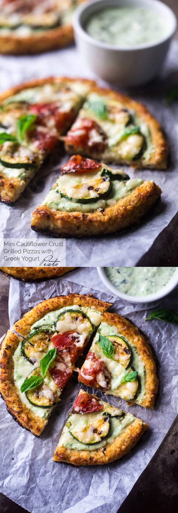 Cauliflower Pizza with Greek Yogurt Pesto & Grilled Veggies