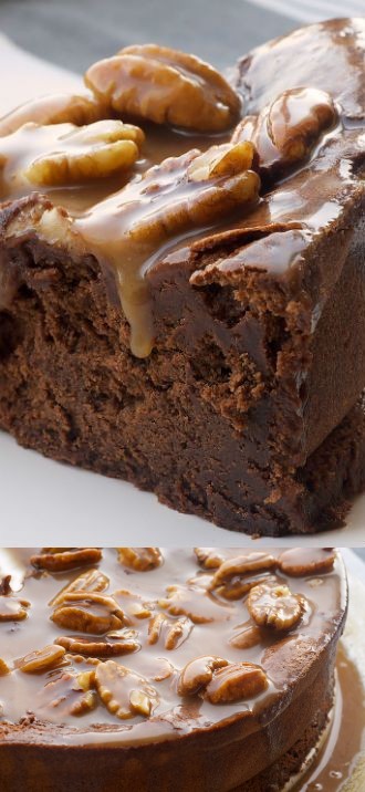 Chocolate Caramel Pecan Souffle Cake