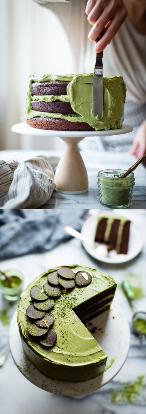 Chocolate Zucchini Layer Cake with Matcha Cream Cheese Frosting (gluten-free