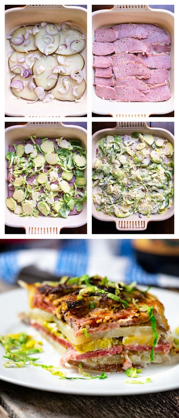 Corned Beef Potato Gratin with Brussels Sprouts