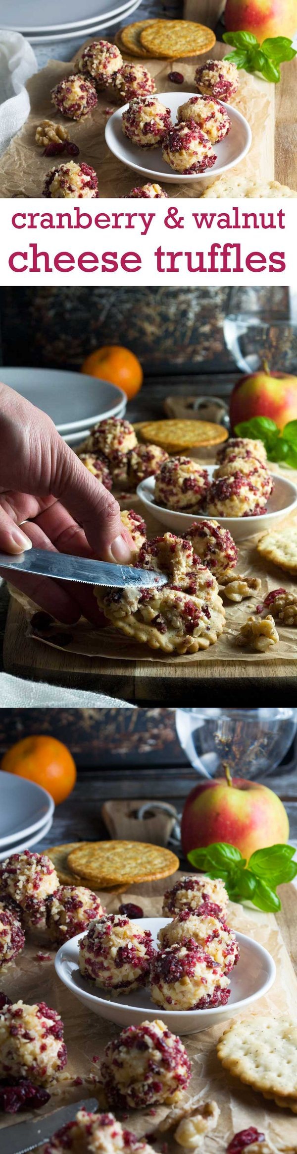 Cranberry and walnut cheese truffles