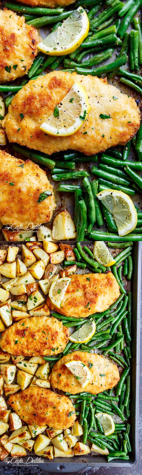 Crispy Sheet Pan Lemon Parmesan Garlic Chicken & Veggies (Milanese