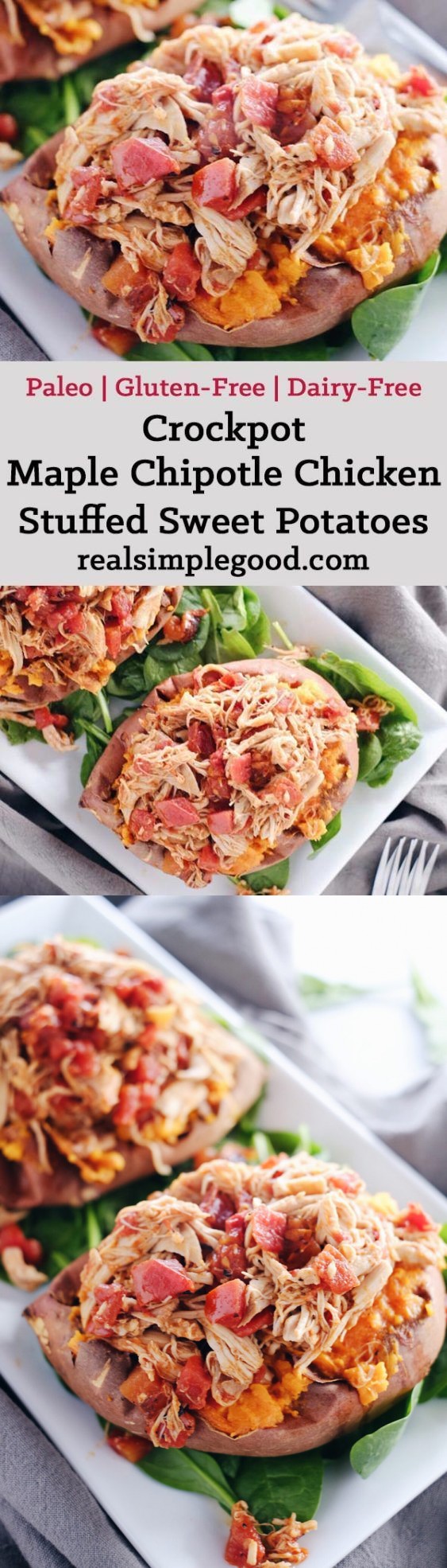 Crockpot Maple Chipotle Chicken Stuffed Sweet Potatoes (Paleo + GF