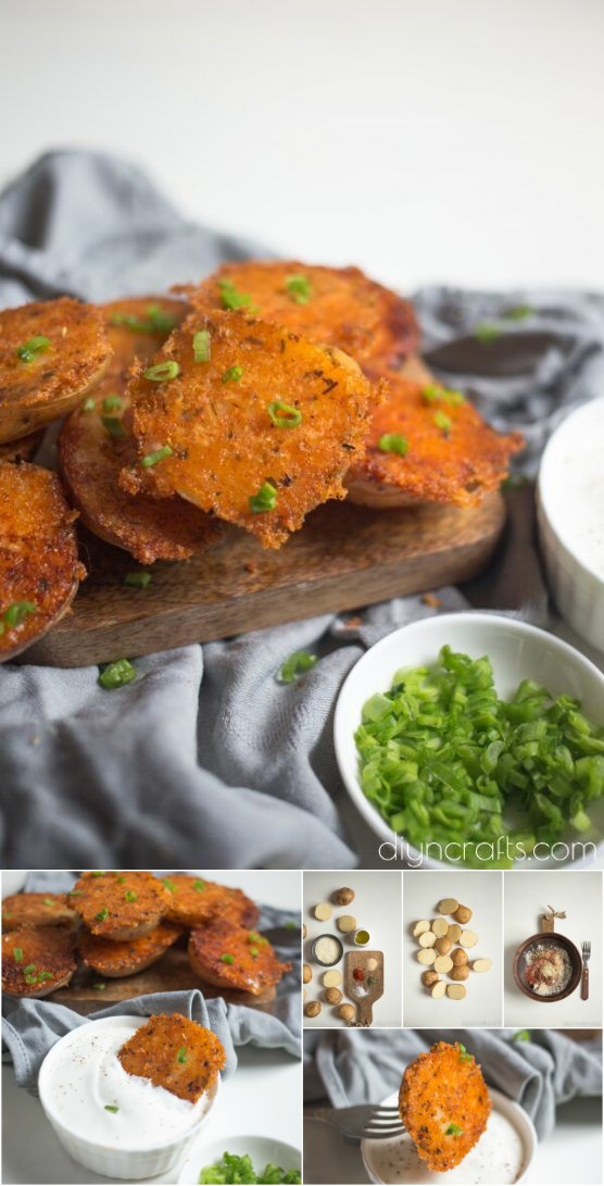 Deliciously Crunchy Parmesan Garlic Baked Potatoes With Yogurt Dip