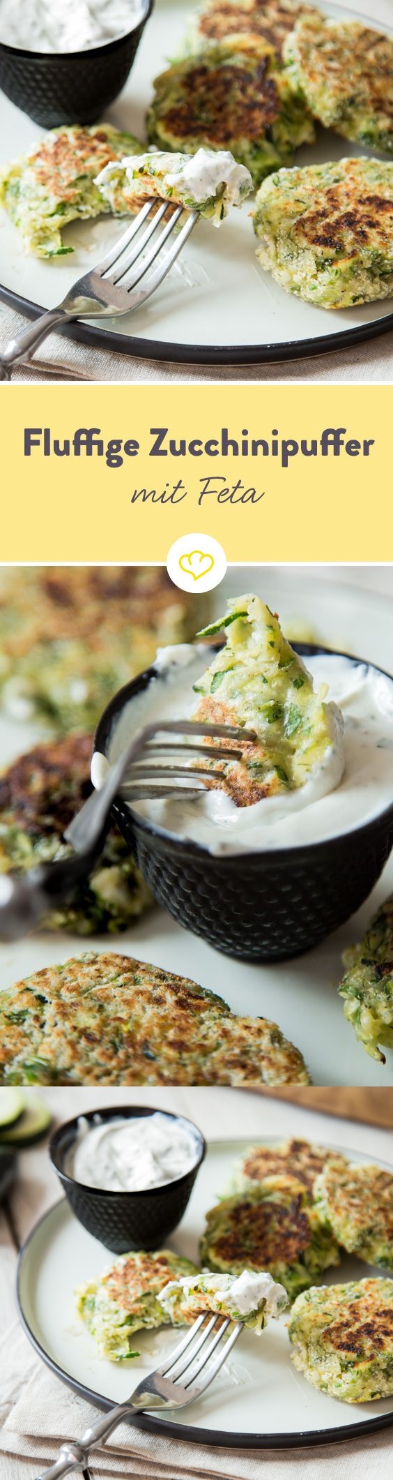 Fluffige Taler zum Eintunken: Zucchinipuffer mit Feta und Tzatziki