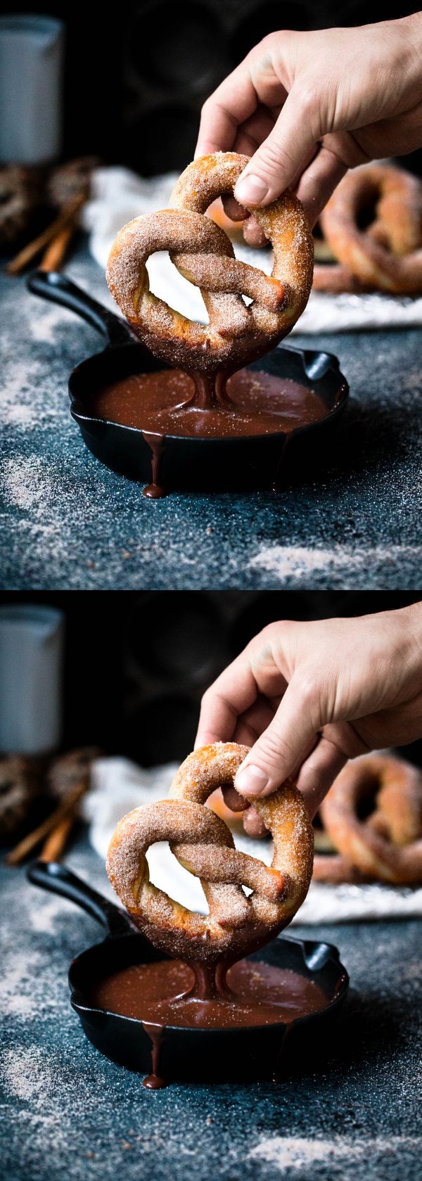 Giant Cinnamon Sugar Pretzels with Hot Fudge Dipping Sauce