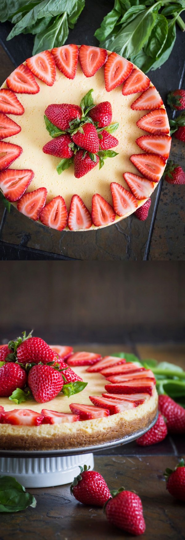 Goat Cheese Cheesecake with Strawberries, Basil & Balsamic