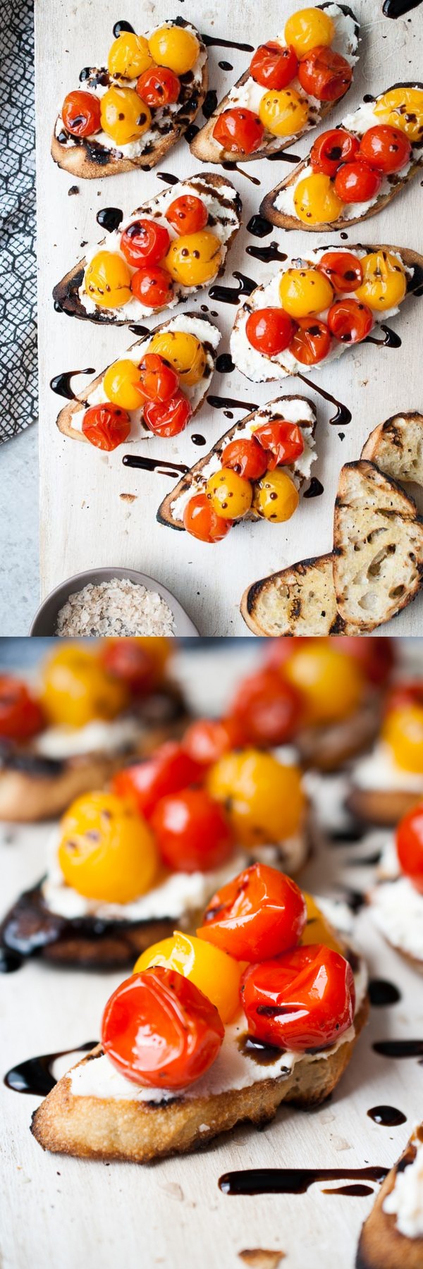 Grilled Mascarpone & Goat Cheese Crostini w/ Burst Tomatoes & Balsamic Glaze