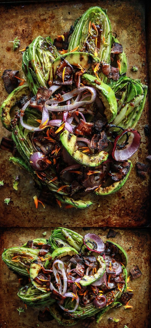 Grilled Romaine, Red Onion, Avocado and Bacon Salad