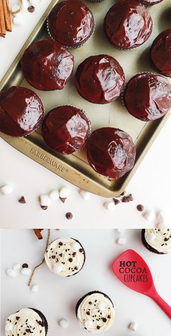 Hot Cocoa Cupcakes with Marshmallow Buttercream + Spiced Ganache