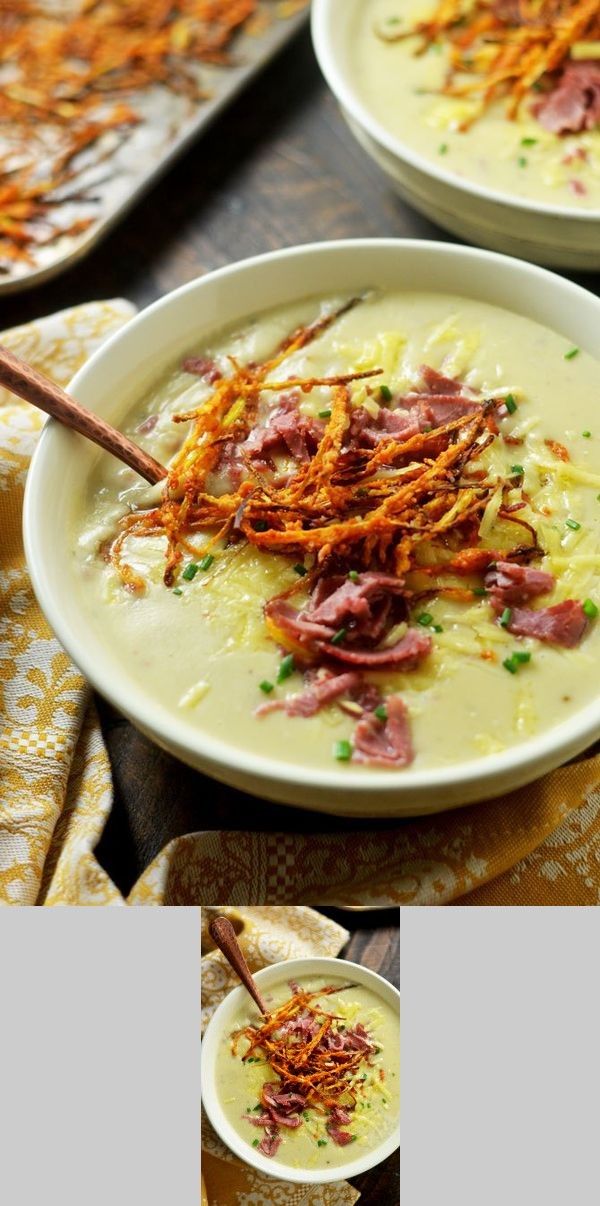 Irish Baked Potato Soup with Corned Beef and Crispy Leeks