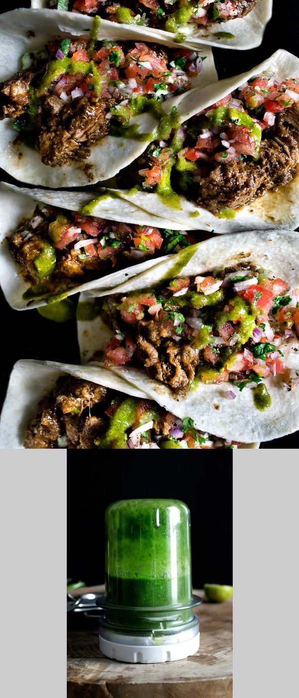 Jerked sriracha roast pork tacos w kiwi salsa verde