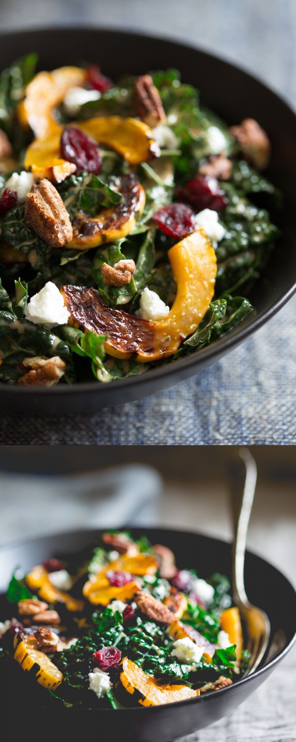 Kale salad with roasted delicata squash, chevre, dried cranberries and spiced pecans