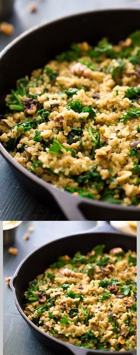 One Pan Quinoa with Mushrooms, Kale and Garlic Herb Butter