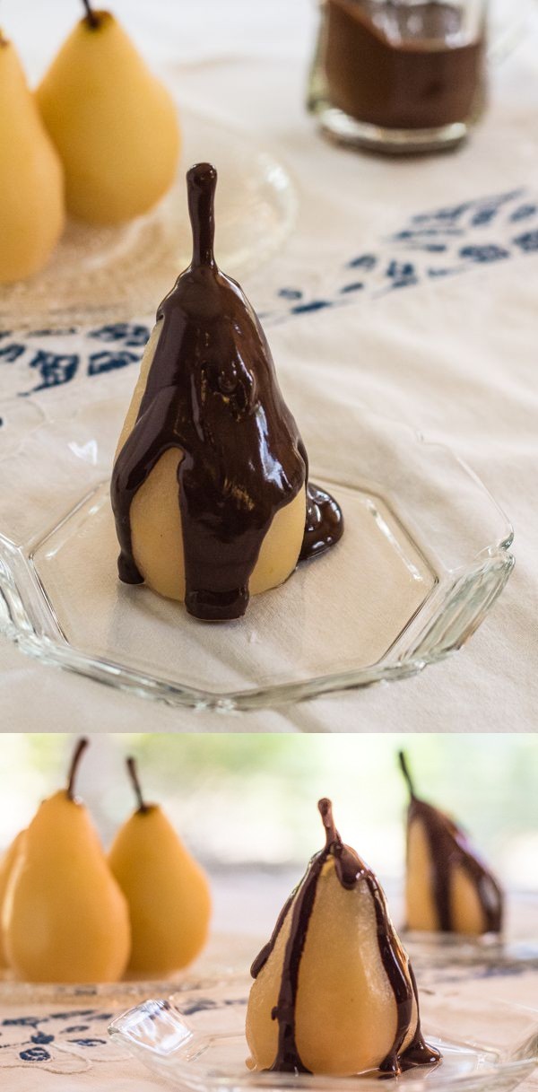 Pressure Cooker Cinnamon Poached Pears with Chocolate Sauce