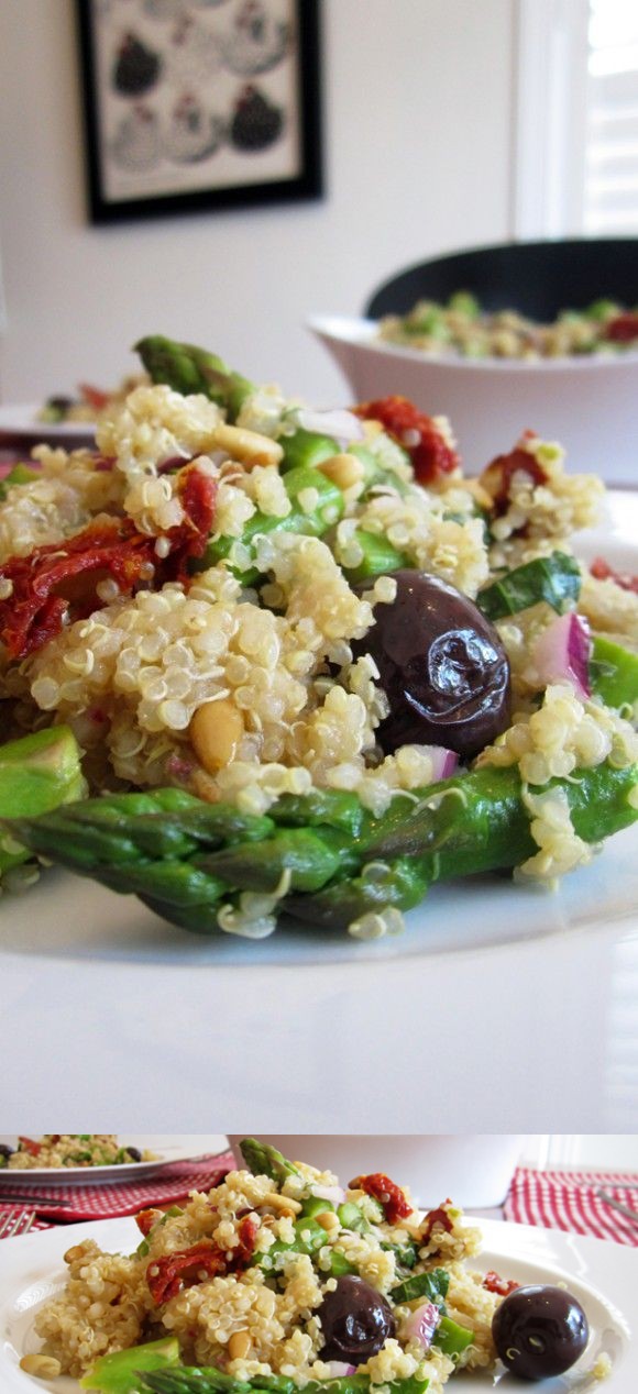 Quinoa Salad with Asparagus, Sundried Tomatoes, Olives & Pine Nuts