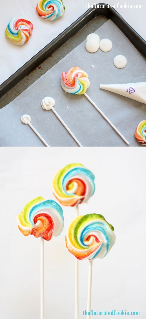 Rainbow meringue cookie pops