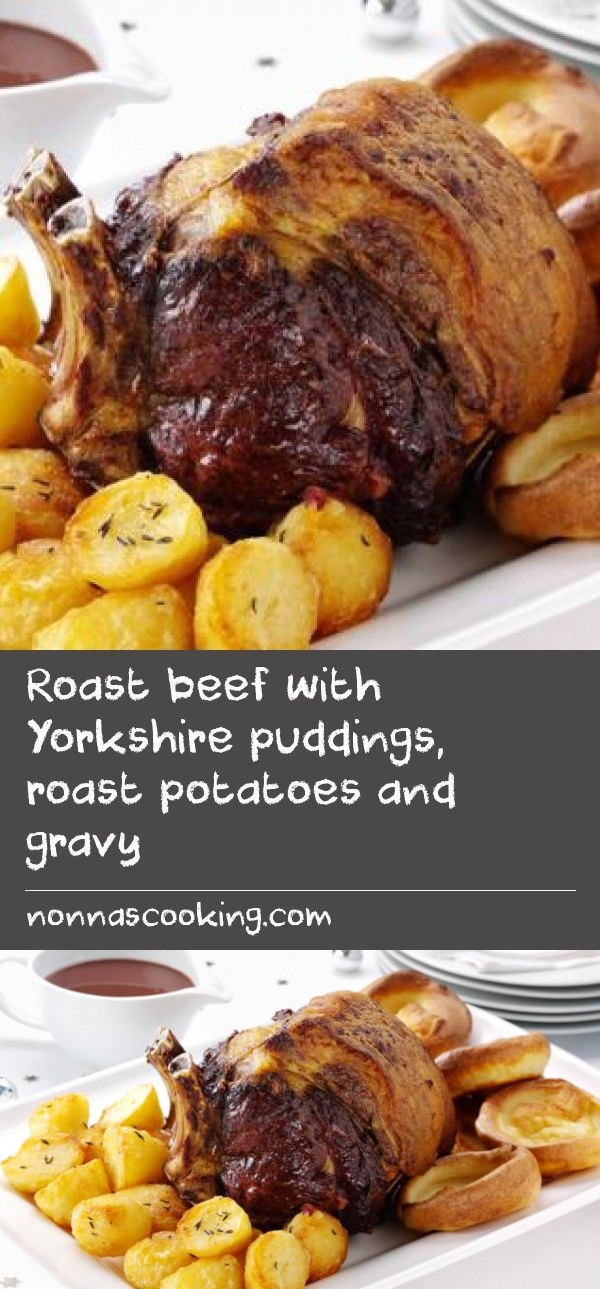 Roast beef with Yorkshire puddings, roast potatoes and gravy