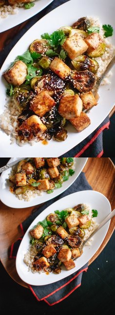 Roasted Brussels Sprouts and Crispy Baked Tofu with Honey-Sesame Glaze