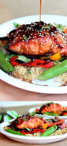 Sesame Ginger Sweet Teriyaki Salmon with Garlic Quinoa Stir-fry