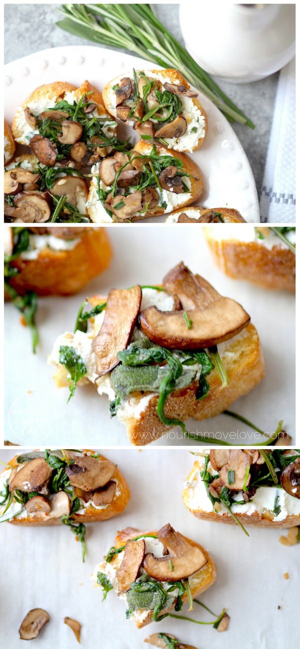 Simple herb roasted mushroom + whipped goat cheese crostini