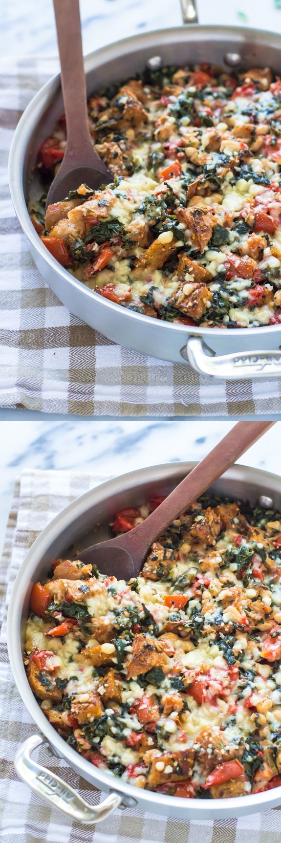 Skillet Tomato Casserole with White Beans and Parmesan Croutons