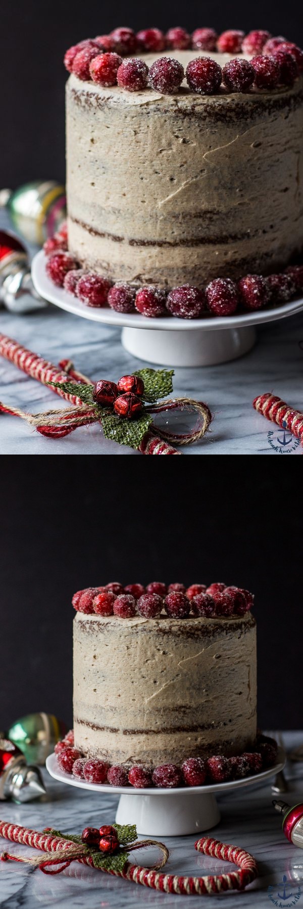 Spiced Layer Cake with Cinnamon Buttercream Frosting and Sugared Cranberries