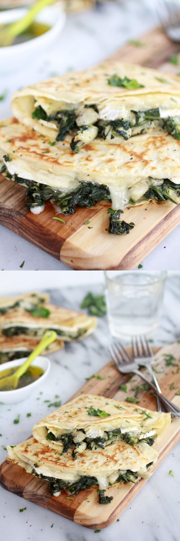 Spinach Artichoke and Brie Crepes with Sweet Honey Sauce