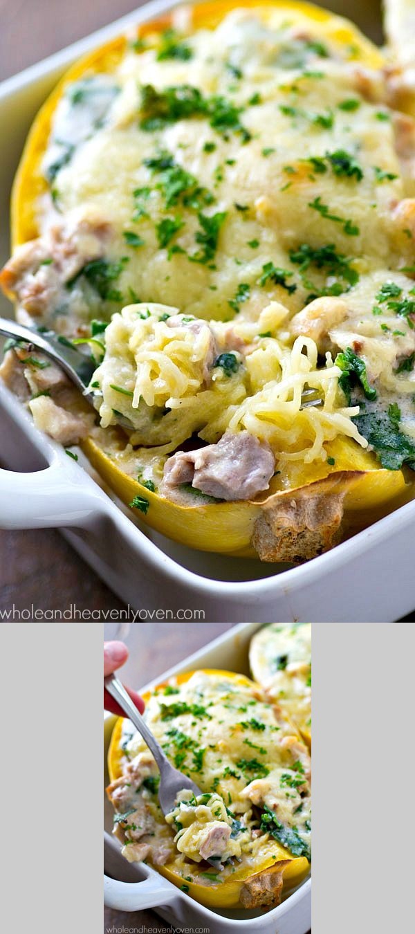 Spinach Chicken Alfredo Spaghetti Squash Boats