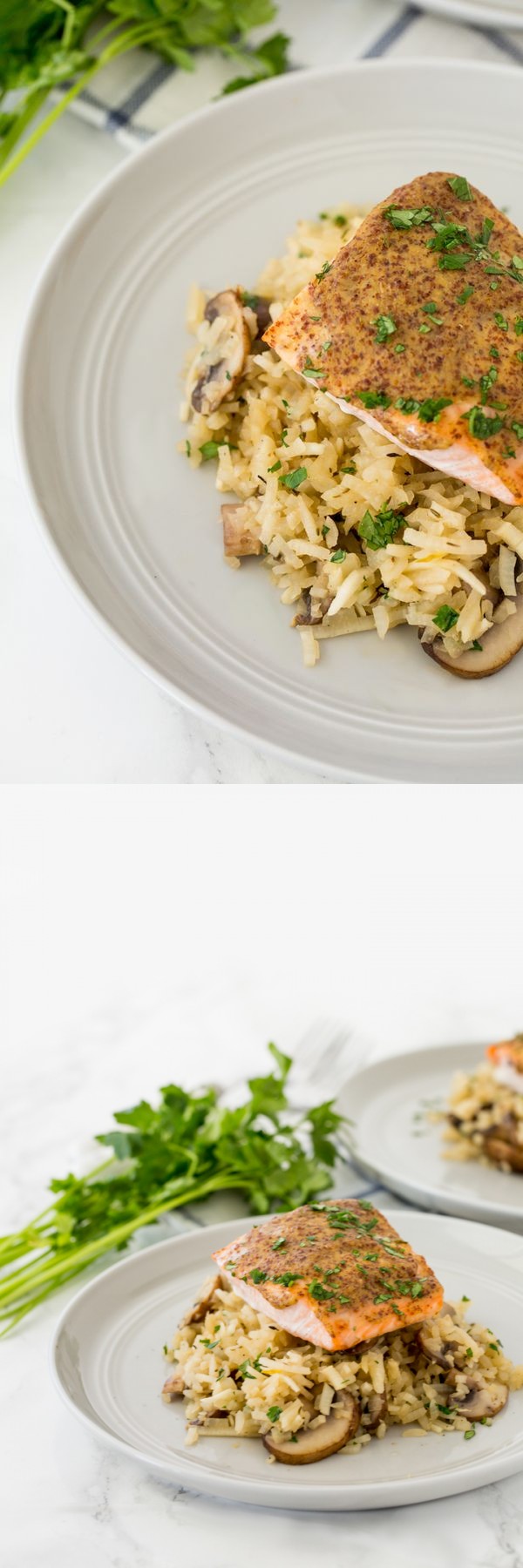 Spiralized Mushroom Turnip Risotto with Dijon-Honey Salmon