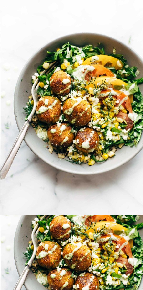 Summer Bliss Bowls with Sweet Potato Falafel and Jalapeño Ranch