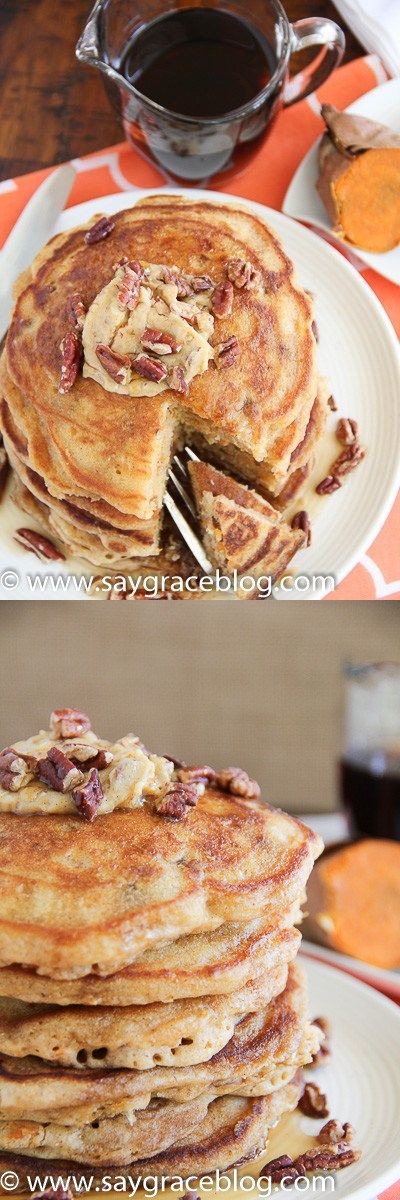 Sweet Potato Pecan Pancakes with Praline Butter