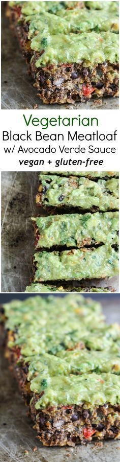 The Most Delicious Meatless Black Bean Meatloaf with Creamy Avocado Verde Sauce (vegan, gluten free