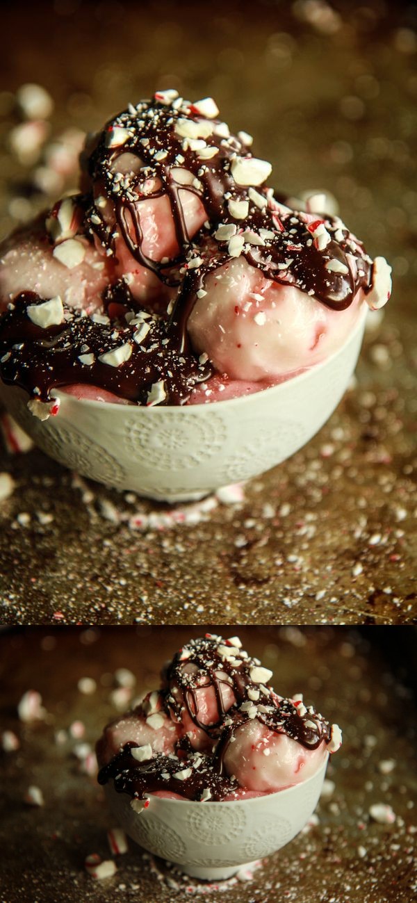 Vegan Candy Cane Ice Cream with Peppermint Hot Fudge Sauce