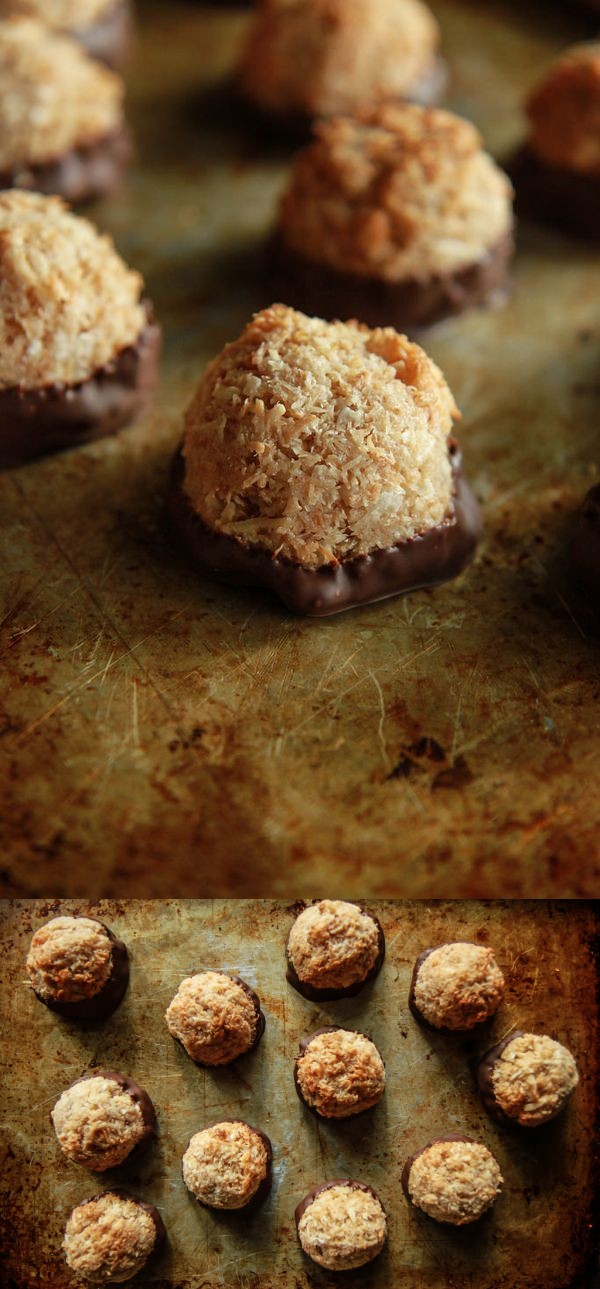 Vegan Chocolate Dipped Toasted Coconut Macaroons