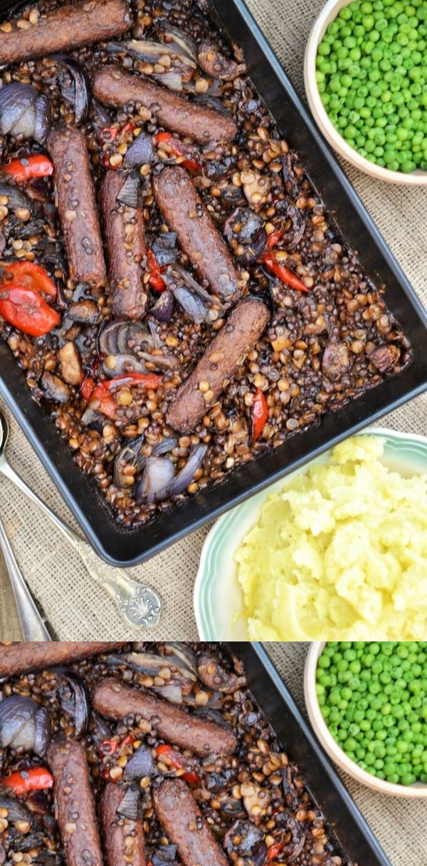 Veggie Sausage, Lentil and Red Pepper Bake