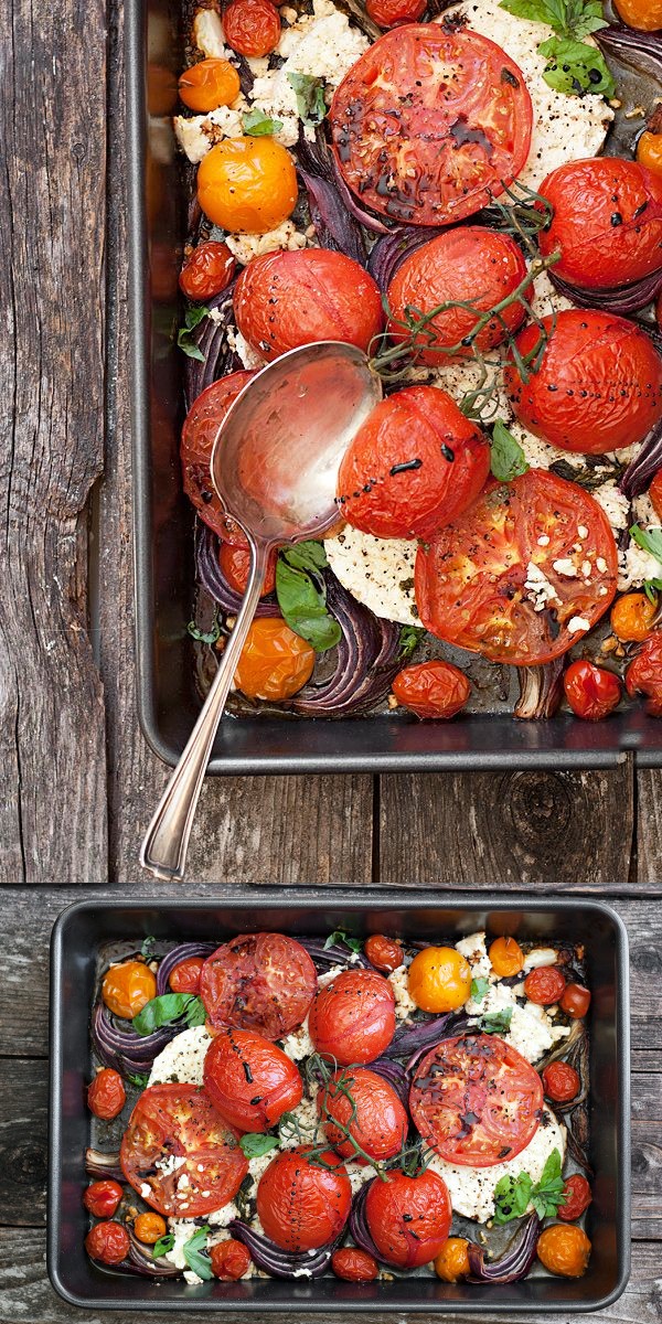 Warm Roasted Tomato, Onion and Feta Salad