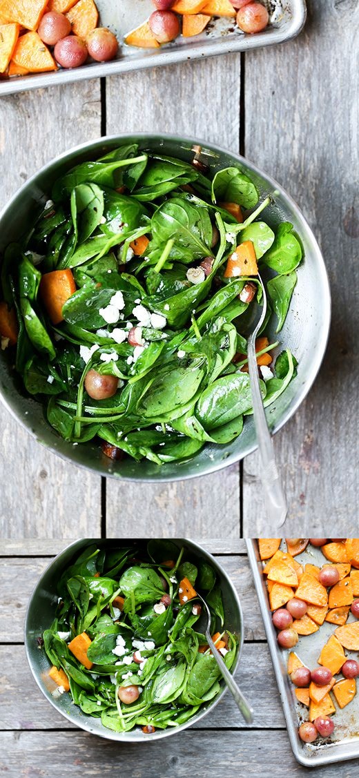 Warm Spinach Salad with Roasted Grapes and Sweet Potatoes