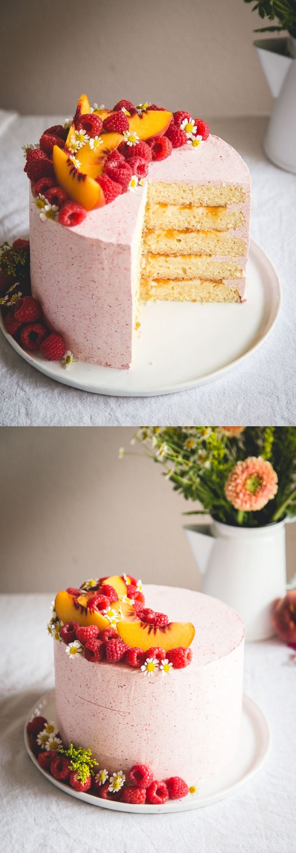Almond Layer Cake with Peach + Mascarpone Filling & Raspberry Buttercream