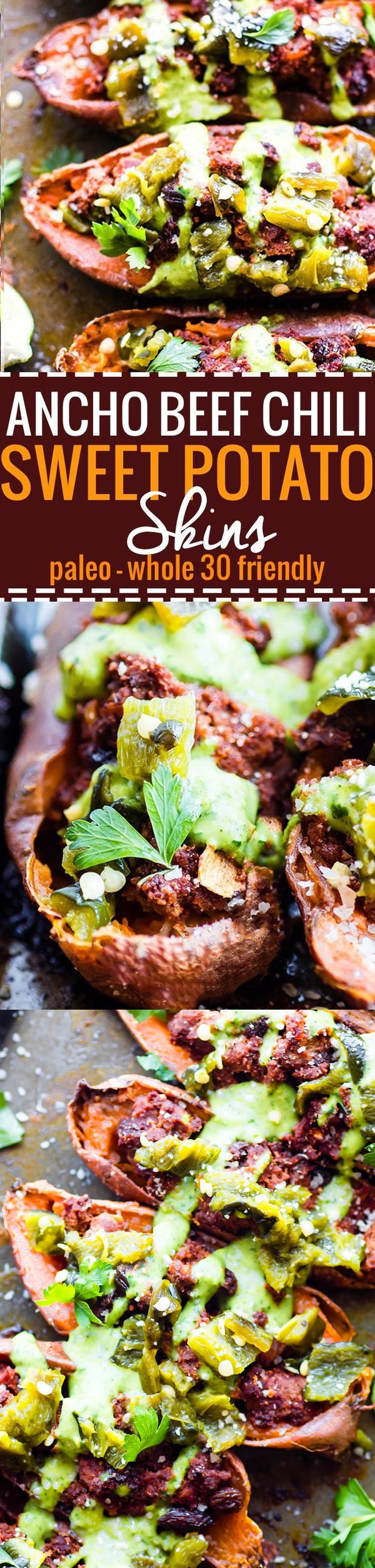 Ancho Beef Chili Stuffed Sweet Potato Skins (Paleo