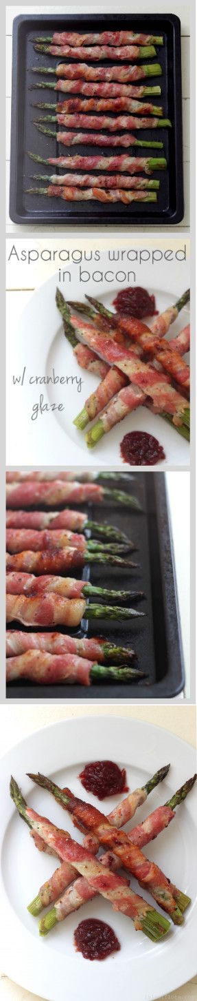 Asparagus wrapped in bacon w/ cranberry glaze