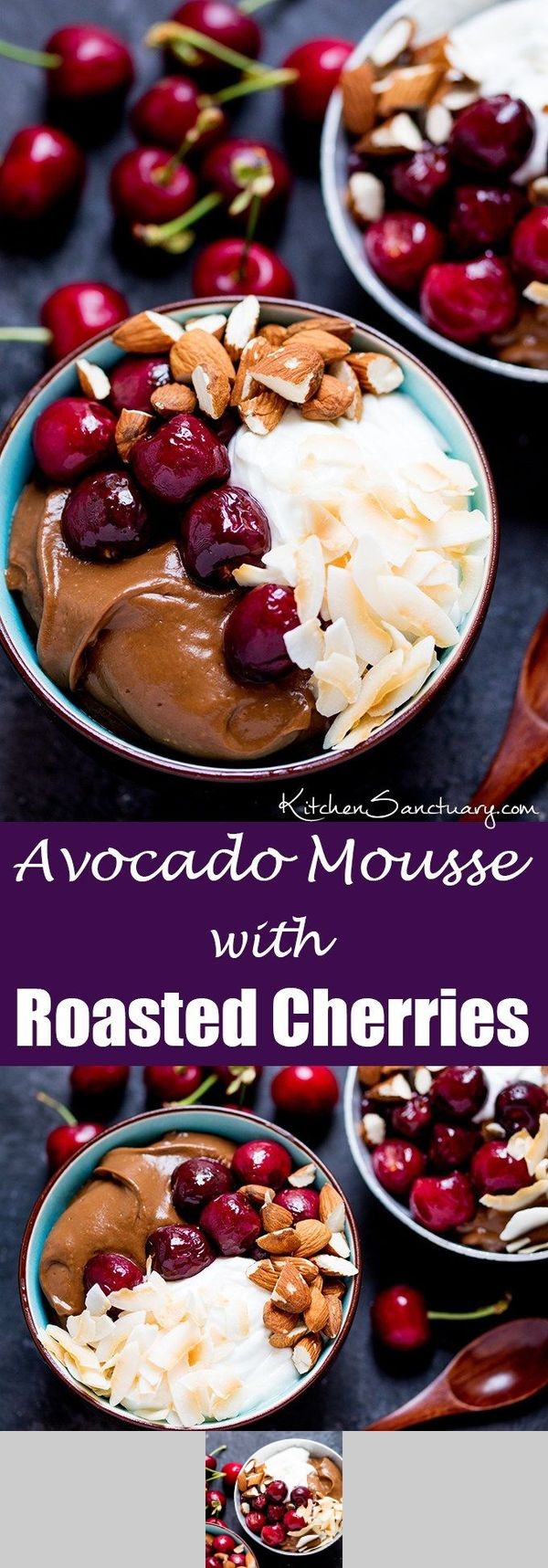 Avocado chocolate mousse bowl with roasted cherries