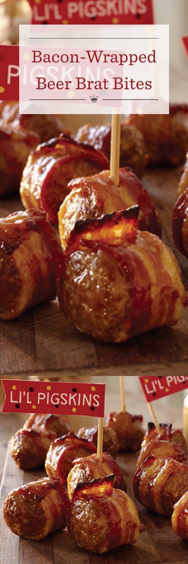 Bacon-wrapped beer brat bites